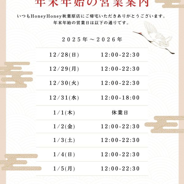 【秋葉原店】 年末年始の営業について